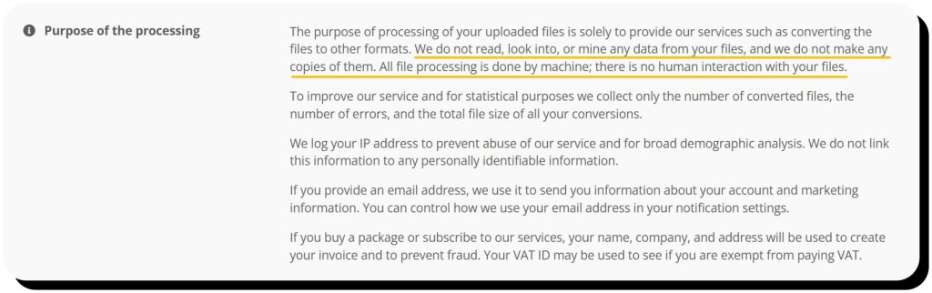 CloudConvert Privacy Policy describing how they process user data. CloudConvert is safe to use due to its minimal data collection.
