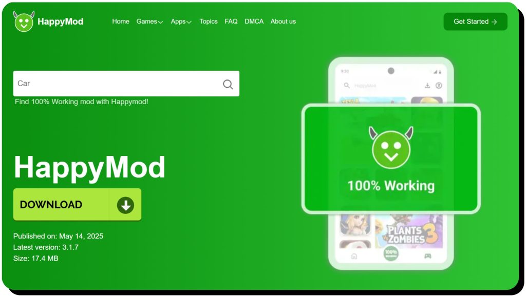 HappyMod website home page. HappyMod is not a virus, but a legitimate third-party app store.