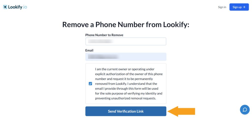 Submitting phone number to remove and email on Lookify.io