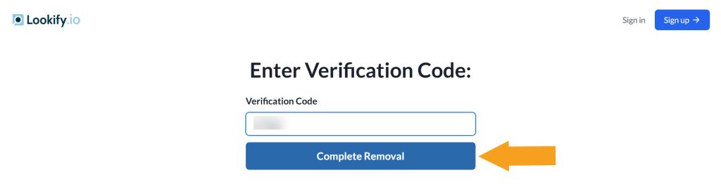 Entering opt-out verification code on Lookify.io