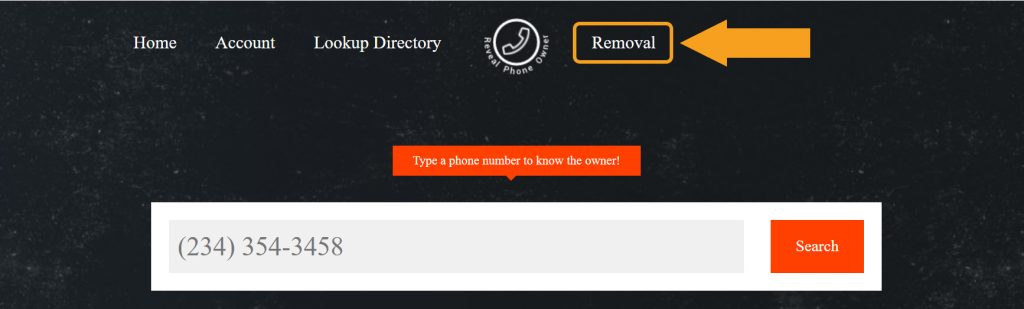 RevealPhoneOwner.com home page with the link to the removal page highlighted