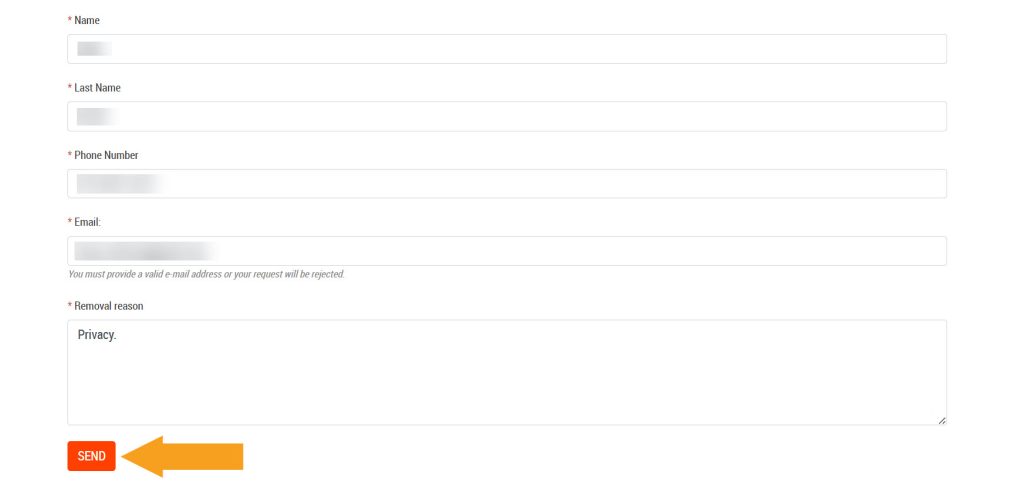 Filling out and submitting an opt-out form on RevealPhoneOwner.com