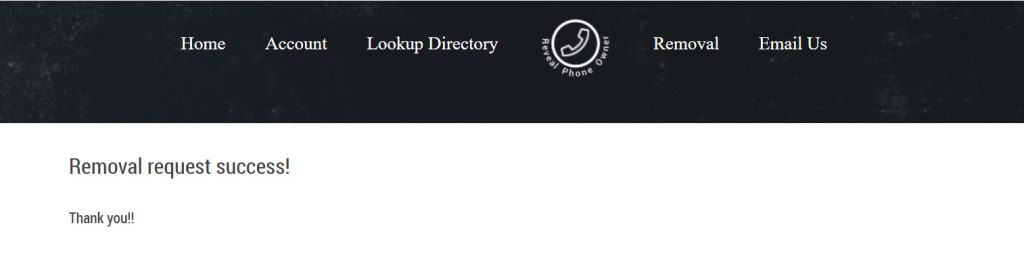 RevealPhoneOwner.com opt-out request submission on-screen confirmation