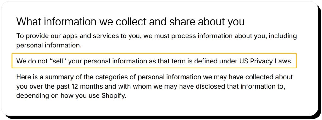 Shopify Privacy Policy stating that they don't sell user personal information, making Shop App safe for privacy-conscious users