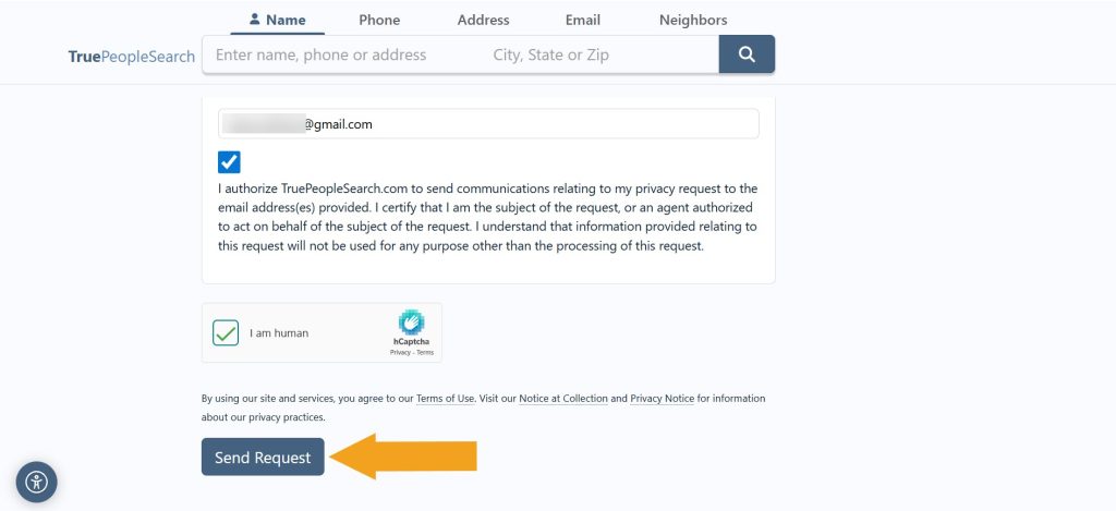 TruePeopleSearch opt-out page with name and email submission