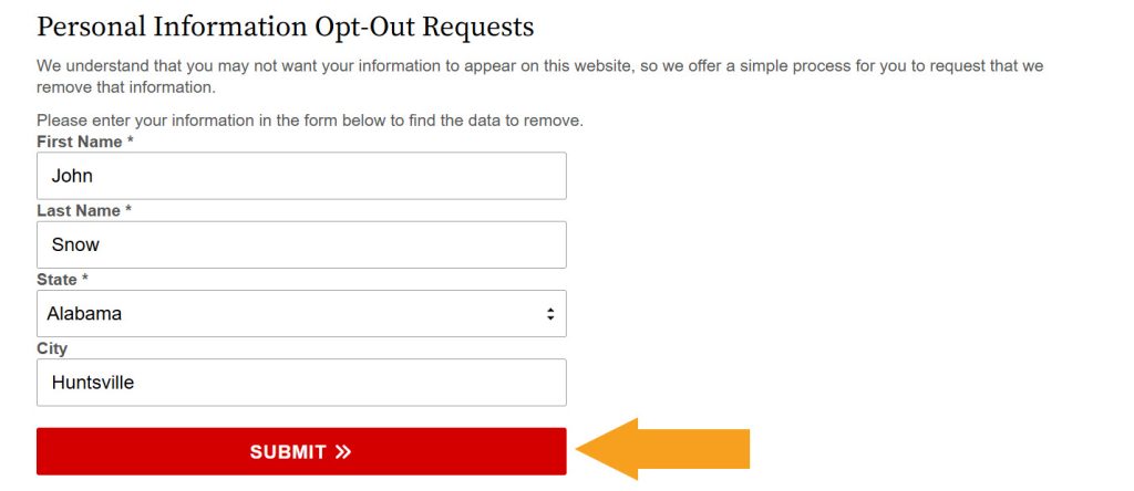 Submitting name, city, and state to opt out of AlabamaCourtRecords.us 