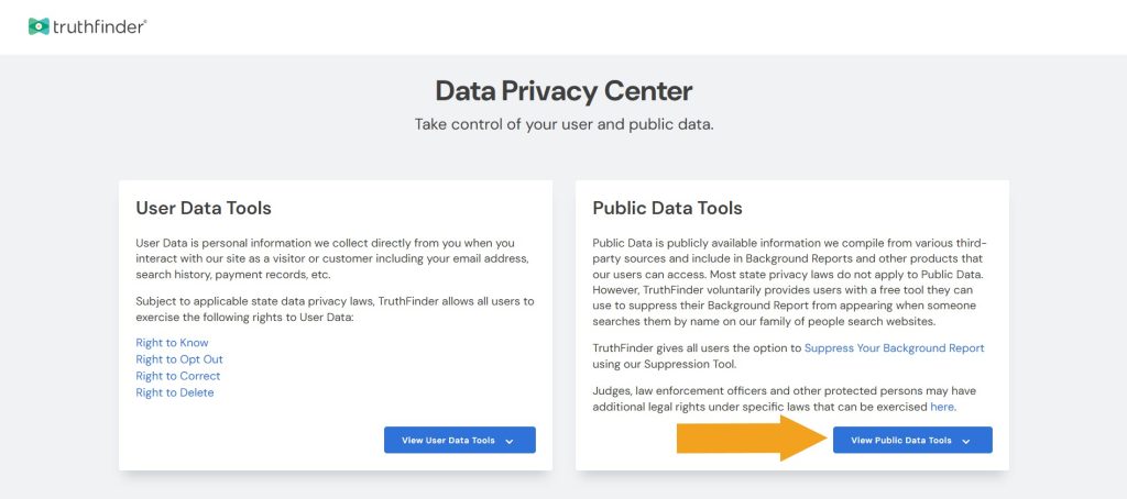 TruthFinder "Data Privacy Center" page with the "View public data tools" option pointed at