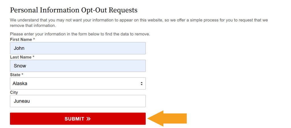 Alaska Court Records opt-out form: name and state submission