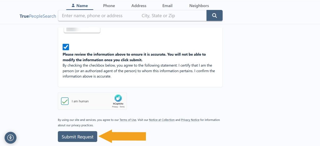 TruePeopleSearch opt-out form submission