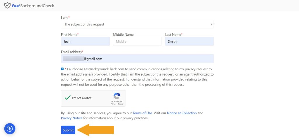 Submitting name and email to opt out of FastBackgroundCheck
