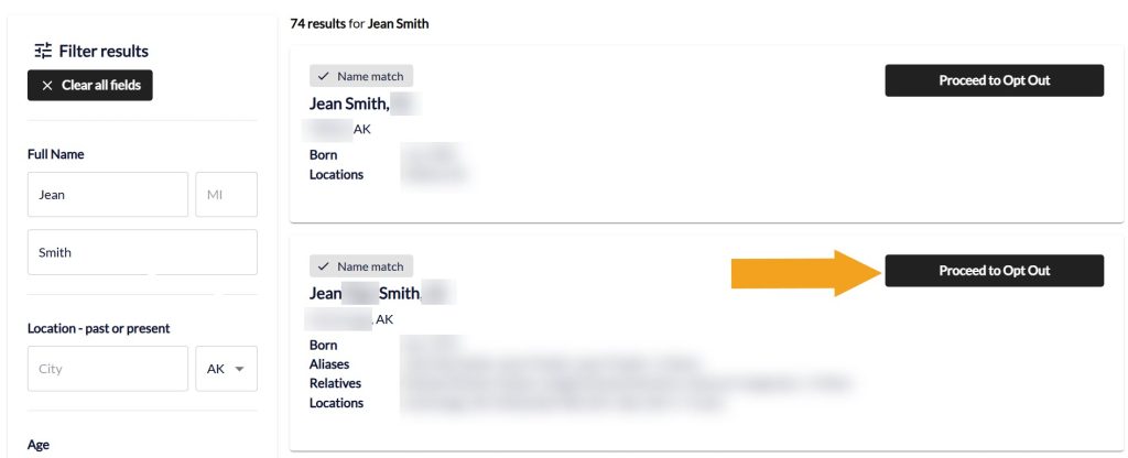 BeenVerified person search results with the "Proceed to opt out" button pointed at