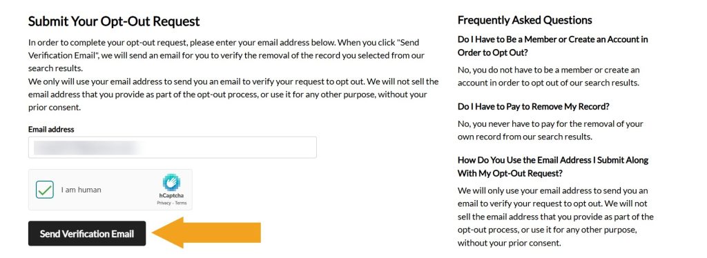 BeenVerified opt-out email submission