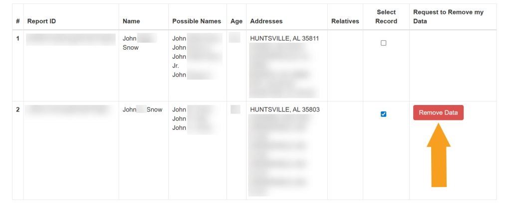 Clicking the "Remove Data" button on AlabamaCourtRecords.us