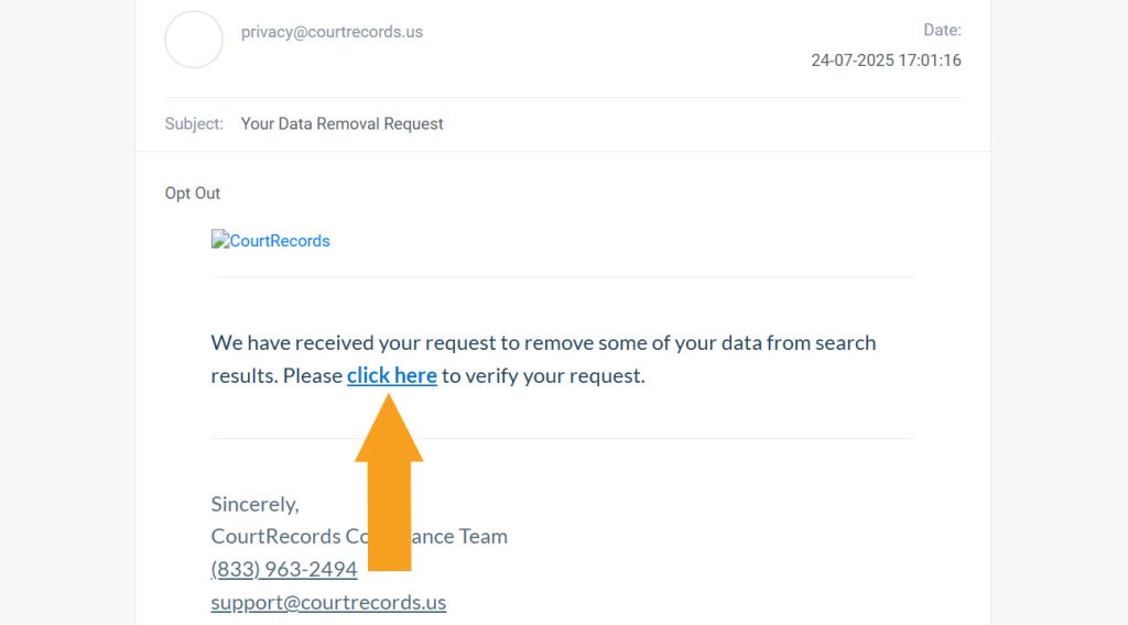 Clicking the verification link sent by email to opt out of Alaska Court Records