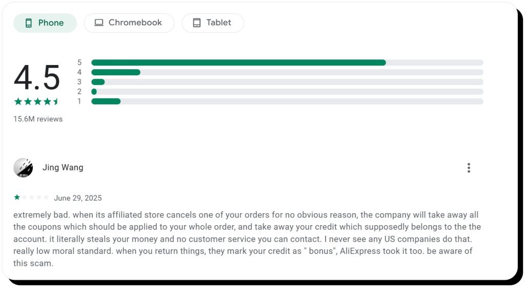 AliExpress reviews and rating on Google Store. AliExpress is safe to use if you check other users' feedback.