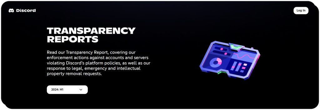 Discord transparency center page with info about transparency reports. Discord is safe to use if you follow community guidelines.