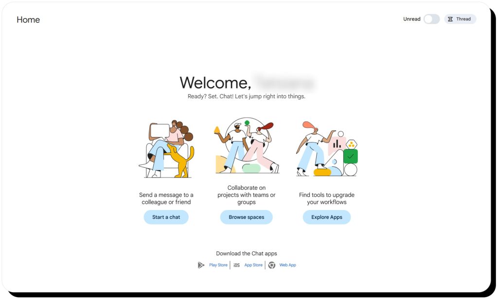 Google Chat main page. Google Chat is safe for casual conversations.