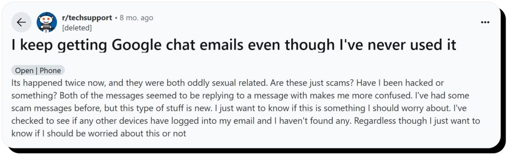 Reddit user asks about a Google Chat scam. Google Chat is safe if you know how to spot scams.