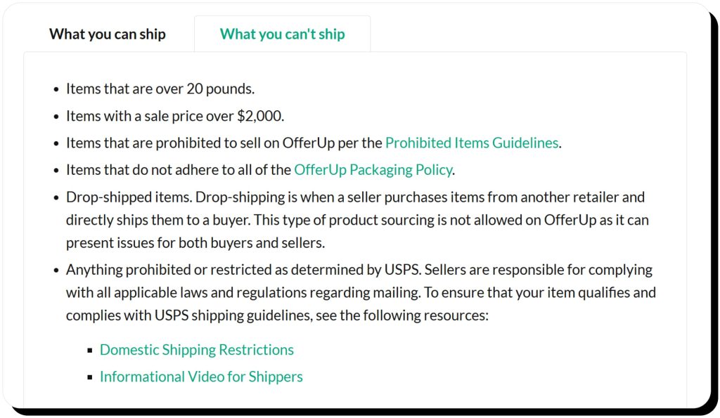 OfferUp explains what can't be shipped. OfferUp shipping is safe if you follow guidelines.