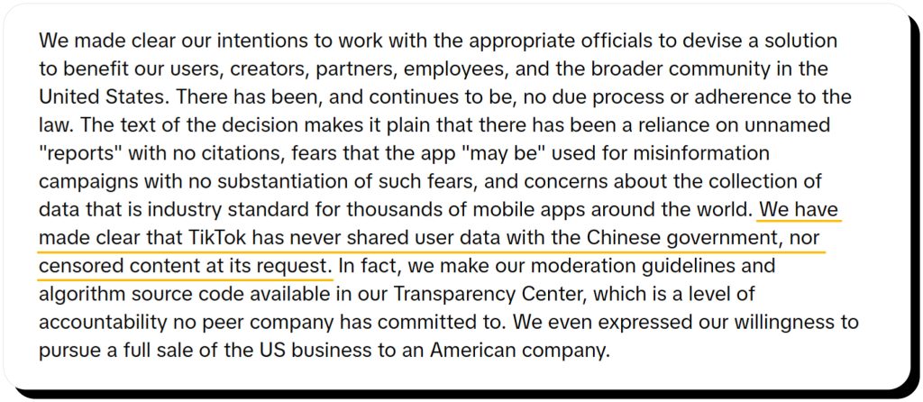 TikTok statement claiming they have never shared user data with the Chinese government, denying the allegations that TikTok is spyware..