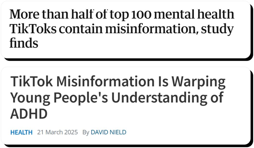 News headlines about misinformation on TikTok. TikTok is safe to use only if you verify sources.