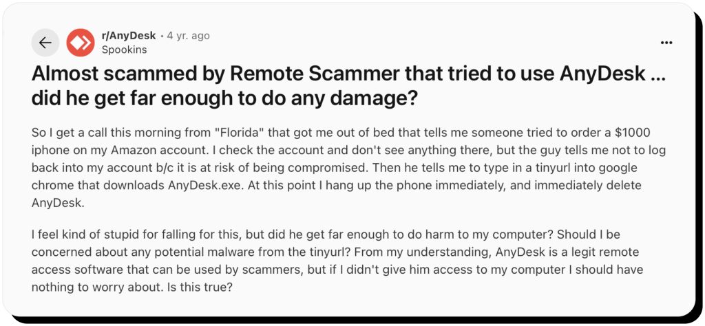 Reddit user shares how scammers used AnyDesk to trick them into downloading malware