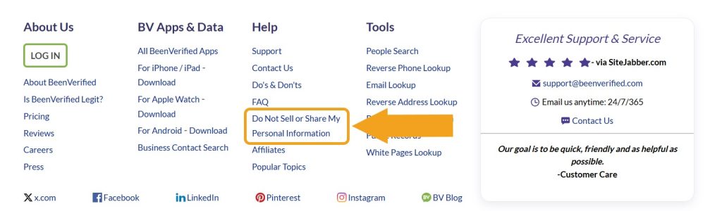 BeenVerified footer with the Do Not Sell My Personal Information link pointed at