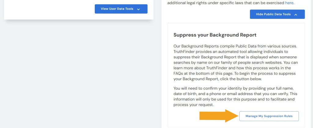 TruthFinder "Data Privacy Center" page with the “Manage My Suppression Rules” pointed at