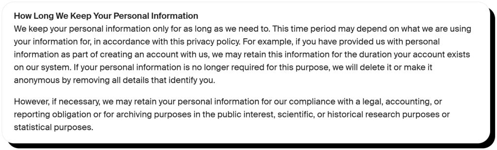 Voice.ai Privacy Policy explains how long they keep user personal information. 