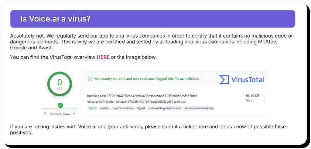 Voice.ai is not a virus, as stated in their FAQs