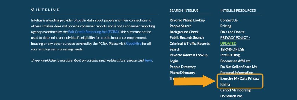 Intelius footer with the "Exercise My Data Privacy Rights" link highlighted to begin Intelius opt out