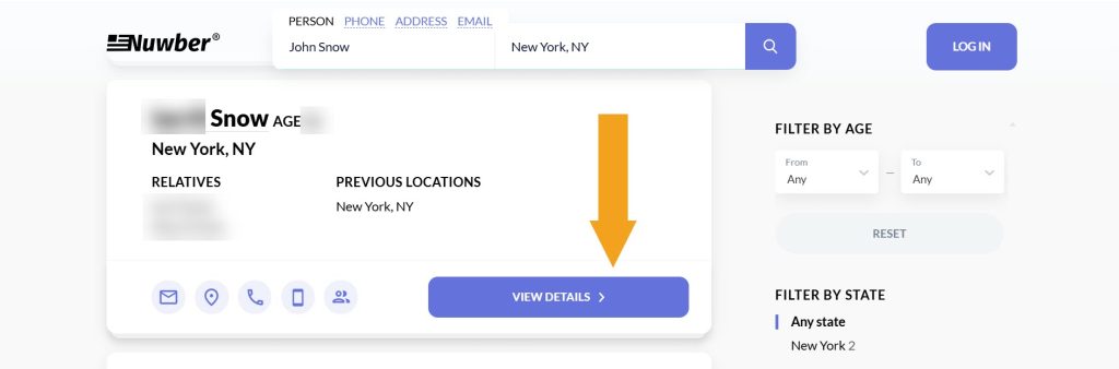 Person lookup results on Nuwber with the "View details" button highlighted