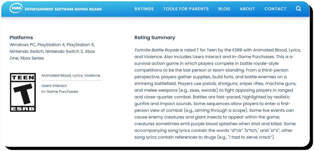 Fortnite age rating is T for Teen by ESRB