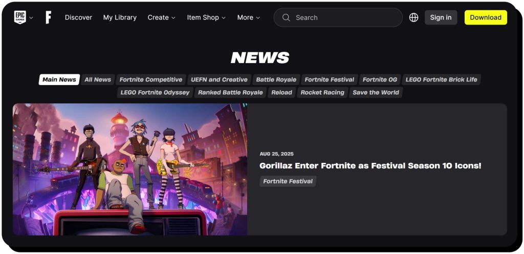 Fortnite's news page with the latest updates