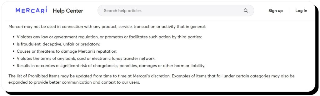 Mercari help center describes what's prohibited on the platform to make Mercari safe to buy from.
