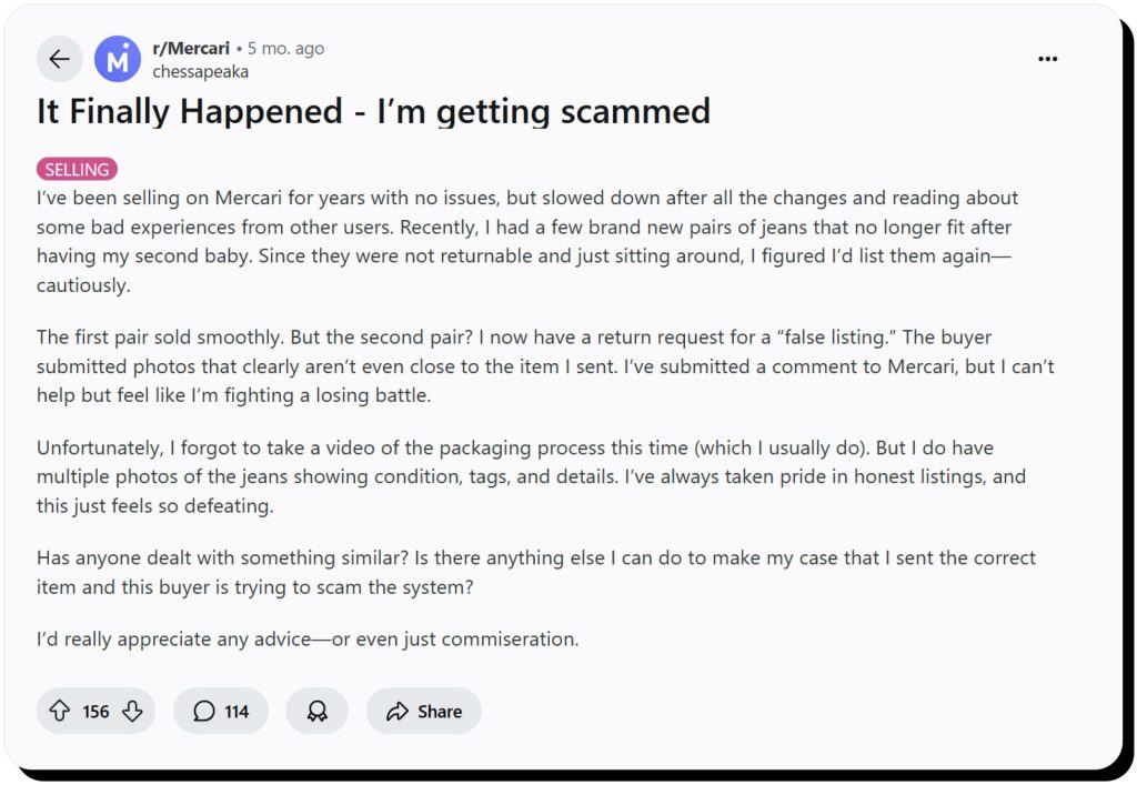Reddit user shares the scam they've encountered on Mercari. Mercari is safe if you know how to spot scams.