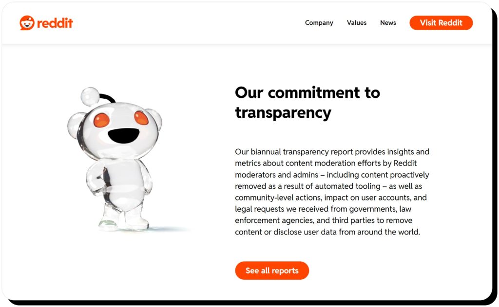Reddit Transparency Center describes their commitment to transparency to make Reddit safe to use