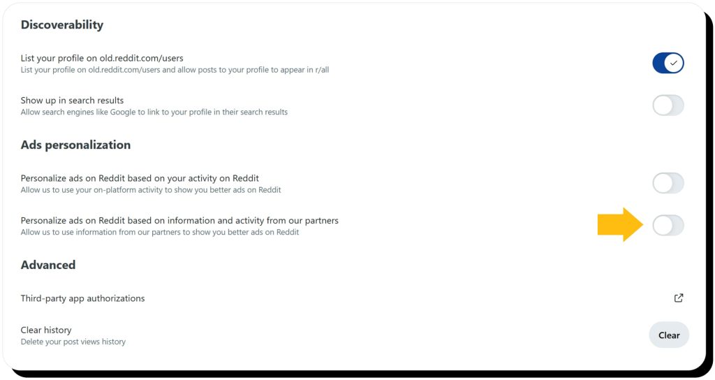 Reddit ads personalization settings disabled. Reddit isn't really private due to activity tracking.