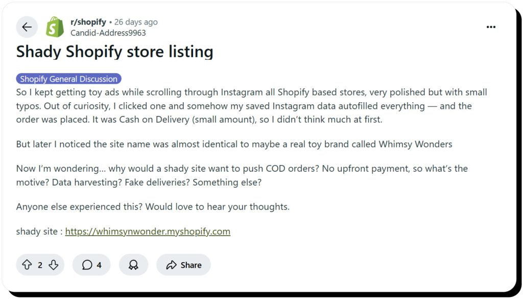 Reddit user writes about a Shopify scam they've encountered
