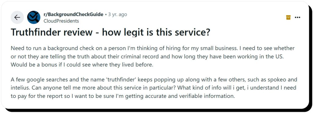 Reddit user asks is TruthFinder legit for background checks