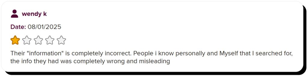 A user leaves a negative TruthFinder review on BBB.org claiming the info is incorrect