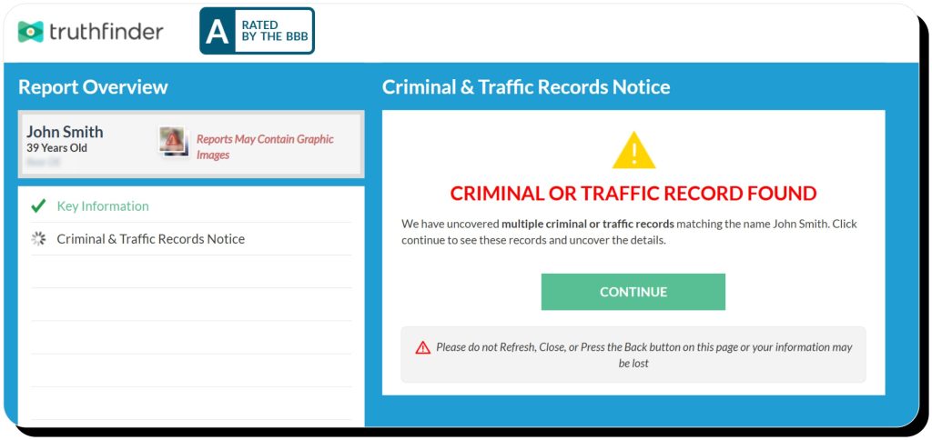 TruthFinder warns it has found numerous criminal or traffic records during lookup