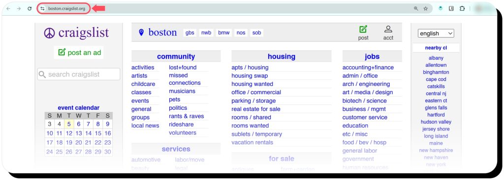 Craigslist website homepage with the URL highlighted. Craigslist is safe if you use the legit site.