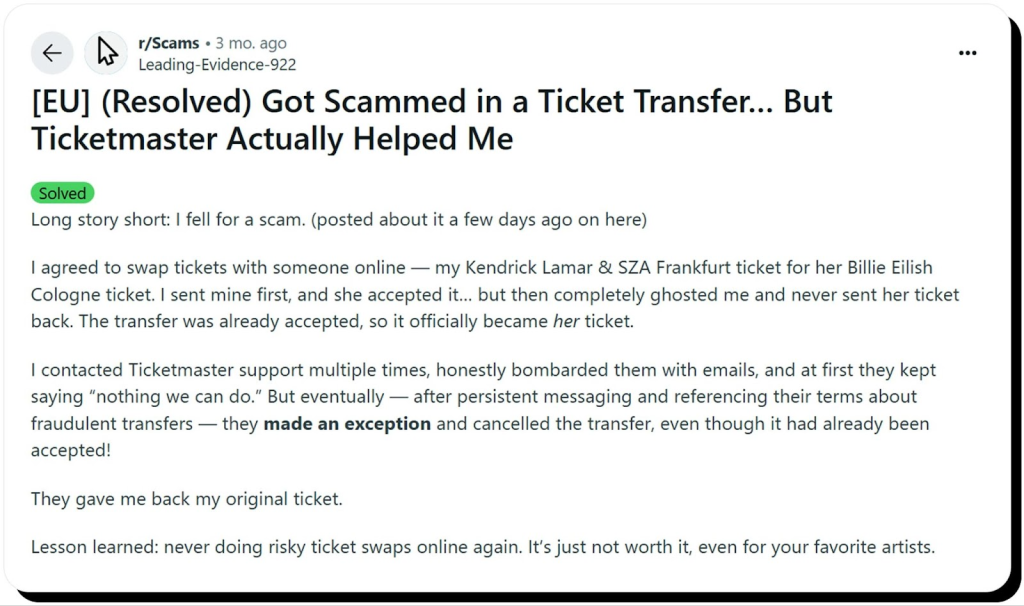 Recovering your money after a Ticketmaster scam