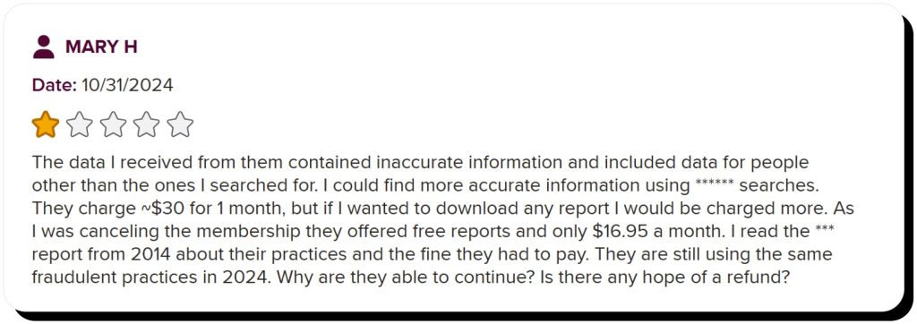 A BBB.org Instant Checkmate review from a user claiming they received inaccurate information