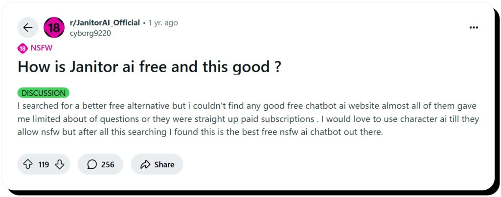 Reddit user asks how Janitorai can be free while being so good. 