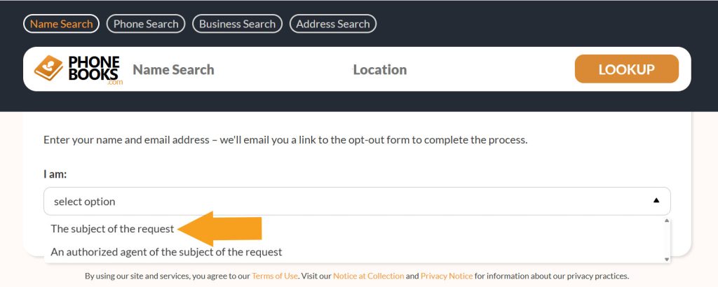 PhoneBooks.com opt-out page with selecting who's completing the form