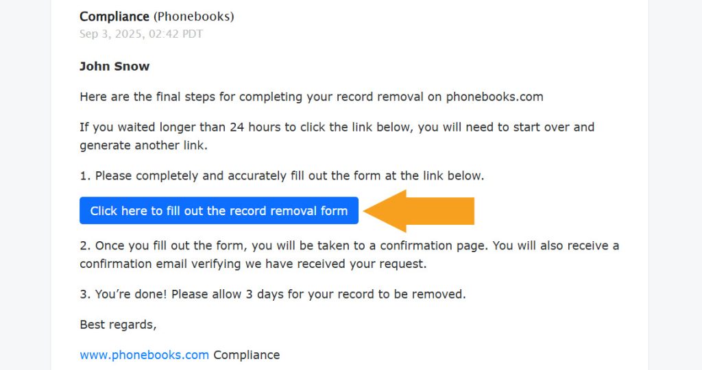 PhoneBooks.com email confirmation with the link