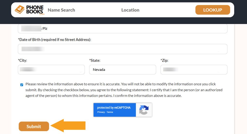 PhoneBooks.com opt-out form with submitting personal details