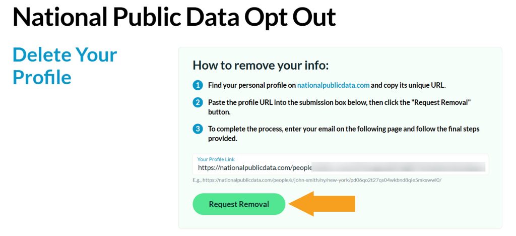 NationalPublicData.com opt-out form with URL submission